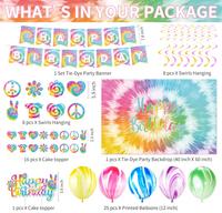 Ensemble de vaisselle et décorations pour fête d'anniversaire Tie Dye : Assiettes, gobelets, serviettes, couverts, nappe, décorations de gâteau, bannière de fond, spirales et ballons