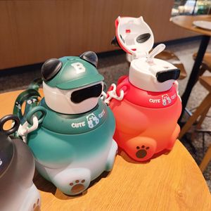 Cartoon Animal Bear Water Cup With Straw Strap And Handle For Kids Travel Green Black Red Orange - Product Image 2