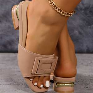 Chaussons élégants et confortables pour femmes, en cuir PU décontracté, avec boucle carrée dorée, talon bas - Product Image 6