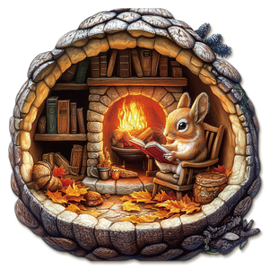 Rompecabezas de conejo leyendo junto a la chimenea, juguete educativo de cartón impreso a todo color para niños y adultos - Product Image 1