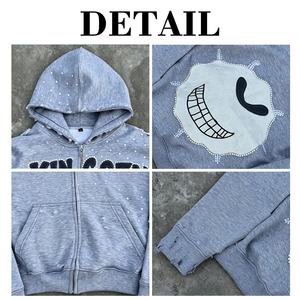 Heavyweight Acid WashZip up Hoodie Men Y2K Grunge Distressed Applique Letter Streetwear Vintage Men's Sweatshirt - Product Image 6