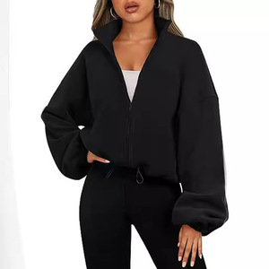 Women's Fleece <b>Zip</b>-<b>Up</b> Jacket Casual Stand Collar Sportswear with Drawstring Hem Loose <b>Cropped</b> Sweatshirt - Product Image 3