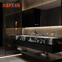Meuble-lavabo de salle de bain moderne en marbre avec lavabo simple ou double |   Ensemble de meubles de salle de bain de qualité hôtelière durable et imperméable avec miroir et lavabo