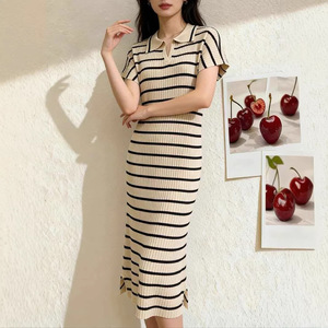 Abito Estivo da Donna Casual Slim-Fit a Mezza Lunghezza a Righe <span class=keywords><strong>con</strong></span> <span class=keywords><strong>Spacco</strong></span>, Colletto Risvoltato e Maniche Corte in Fresco Seta Acrilica - Product Image 4