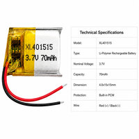 Batería de polímero de litio recargable XL 3.7V 70mAh 401515 LiPo tipo bolsa con PCM para IoT, rastreadores GPS y dispositivos inteligentes portátiles, 500 ciclos