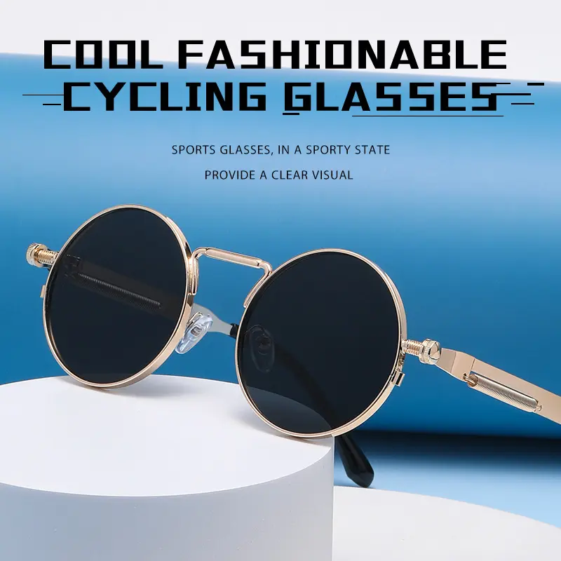 New sunglasses wholesale retro round frame European and American personalized steampunk style metal spring leg sunglasses