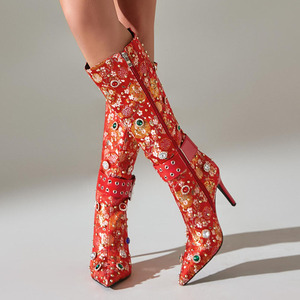 Size 45 Colorful Diamonds Side Zipper Women's Winter Western Knee High <b>Boots</b> Satin Upper Metal Buckle Super High Heels - Product Image 3