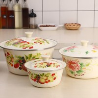 Vente en gros de bols de rangement en émail jaune rétro de plusieurs tailles 20/22/24 cm, bol en émail pour crème glacée, gâteau aux fraises avec couvercle
