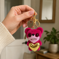 Porte-clés en peluche rose personnalisé mignon, motif dessin animé, écologique, durable, doux, breloque de sac en forme de cœur doré, mini jouet pendentif de 12 cm