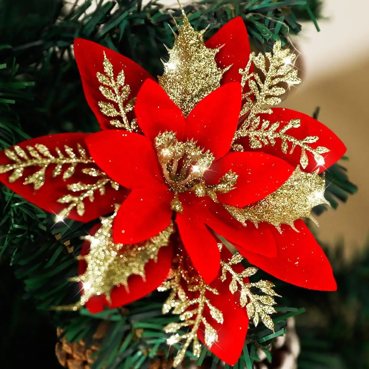 Poinsettia Décorations De Noël Fleurs De Poinsettia Artificielles Ornements De Paillettes Rouges pour La Décoration D'arbre De Noël
