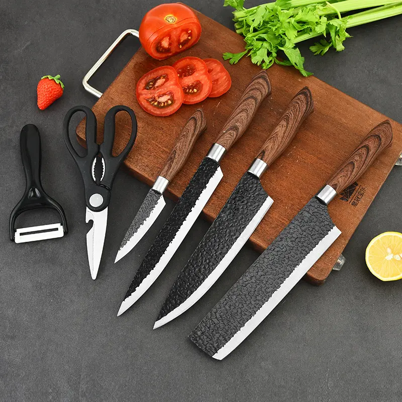 6 Pcs Stainless Steel Hammer Cutter Kitchen Knives Black Steel Forging Hammer Knife Kitchen Chef Knife