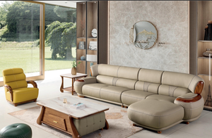 Juego de Sofás de Madera con Tapicería de Terciopelo y Cuero Genuino de Diseño Europeo, Venta al Por Mayor, para Uso en Hoteles - Product Image 2