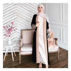 SIPO Gamis Lebaran, Baju Muslim Muslimah Renda Kesopanan Kimono Hitam Modis Mutiara Pakaian Wanita