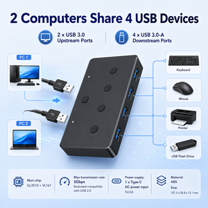 Commutateur KVM USB 3.0 à 2 ports, sélecteur de partage de PC, 5 Gbps, 2 entrées 4 sorties, boîtier de commutation USB GL3510 VL161 pour clavier et souris - Product Image 2