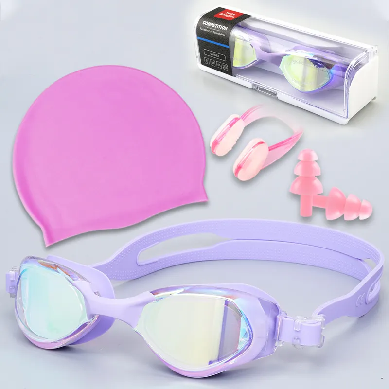 Grosir topi renang dan kacamata tahan air HD 4 buah set termasuk sumbat telinga klip hidung renang kustom set renang dewasa