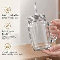 Lot de 470 ml de mugs en verre avec poignée, couvercle argenté et paille – Tasses réutilisables pour eau, jus, soda, thé et lait