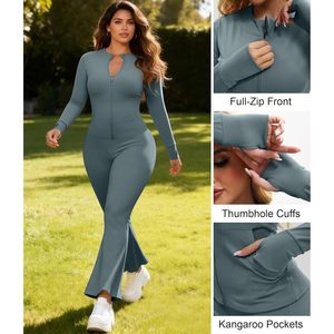 Ensemble de survêtement 2 pièces personnalisé pour femme : veste à manches longues et leggings évasés longueur cheville – Tenue décontractée respirante - Product Image 2