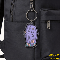 Porte-clés en acrylique 'Rot in Hell' avec cercueil violet et fleurs, breloque de sac gothique et accessoire pour porte-clés pour la mode alternative