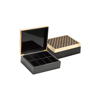 Milieuvriendelijke luxe houten gouden folie thee doos met PU voering kleine partities compartimenten divisies
