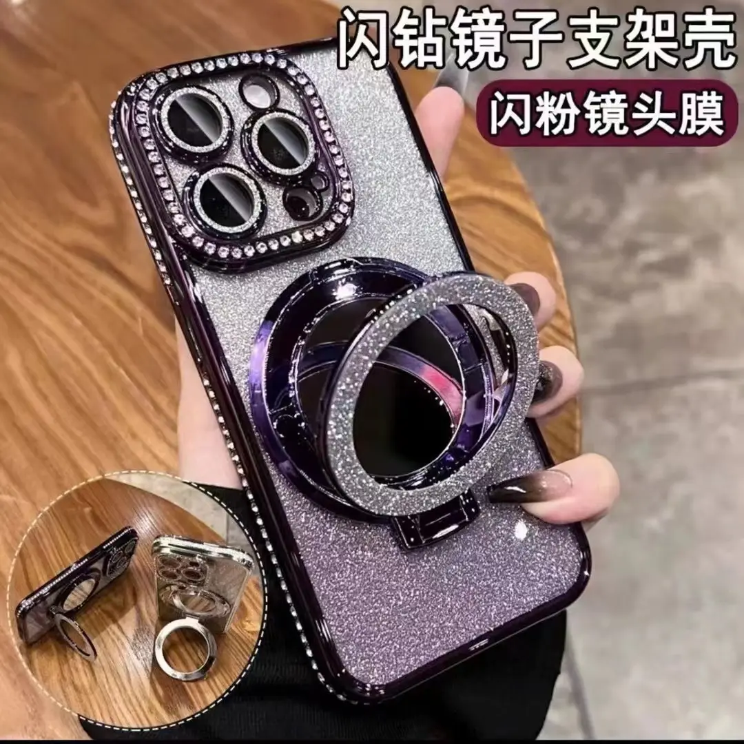 อุปกรณ์เสริมเพชรหรูหราGlitterเคสโทรศัพท์สําหรับiPhone 15 Pro Max 14 13 12 Pro 11 ปกหลังพร้อมกระจกผู้ถือแหวน