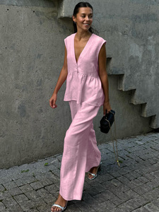 Women's 2 Piece Linen Outfit Sleeveless V Neck Peplum Top & Wide Leg <b>Pants</b> Set Casual <b>Summer</b> Tracksuit - Product Image 3