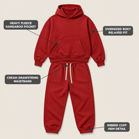 Ensemble assorti homme rouge personnalisé en molleton épais : Hoodie oversize et pantalon de survêtement large et droit avec cordon de serrage crème côtelé pour le streetwear