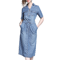 2019 nouveau modèle col rabattu manches courtes imprimé à pois robe Midi Demin pour les femmes