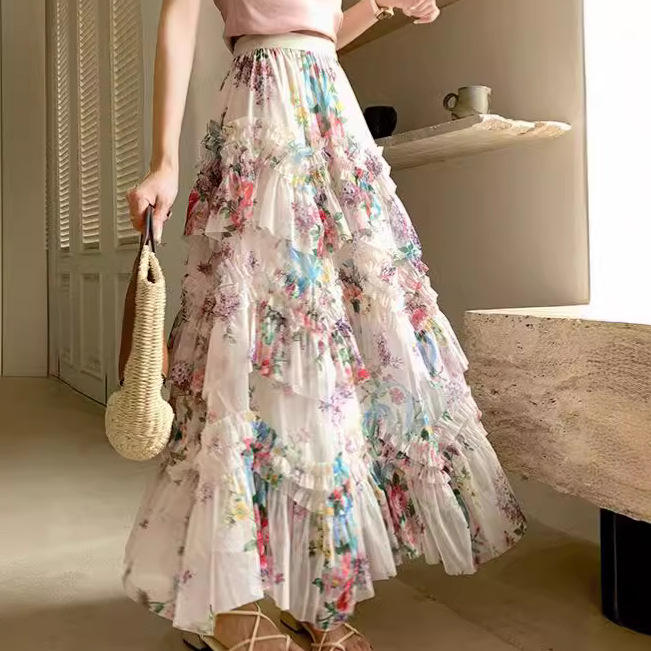 New Popular Irregular Stitching Color Flower Mesh Skirt Women's