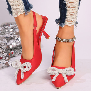 Summer Spring Autumn Comfort Bowknot High-heeled Stiletto <b>Sandals</b> Red Open-toe Pu Upper - Product Image 4