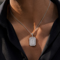 Collier pendentif en laiton plaqué argent, plaque d'identification octogonale carrée avec initiale, micro-pavé CZ, bijoux lettres unisexe OEM ODM