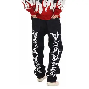 Celana jins Denim kargo Logo bordir datar kustom pabrikan Streetwear Y2K Twill Baggy Jeans