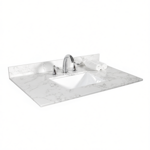 Plan de toilette en pierre blanche de Carrare, 31 pouces, rectangulaire, avec lavabo en céramique à encastrer, trois trous pour robinets - Product Image 1