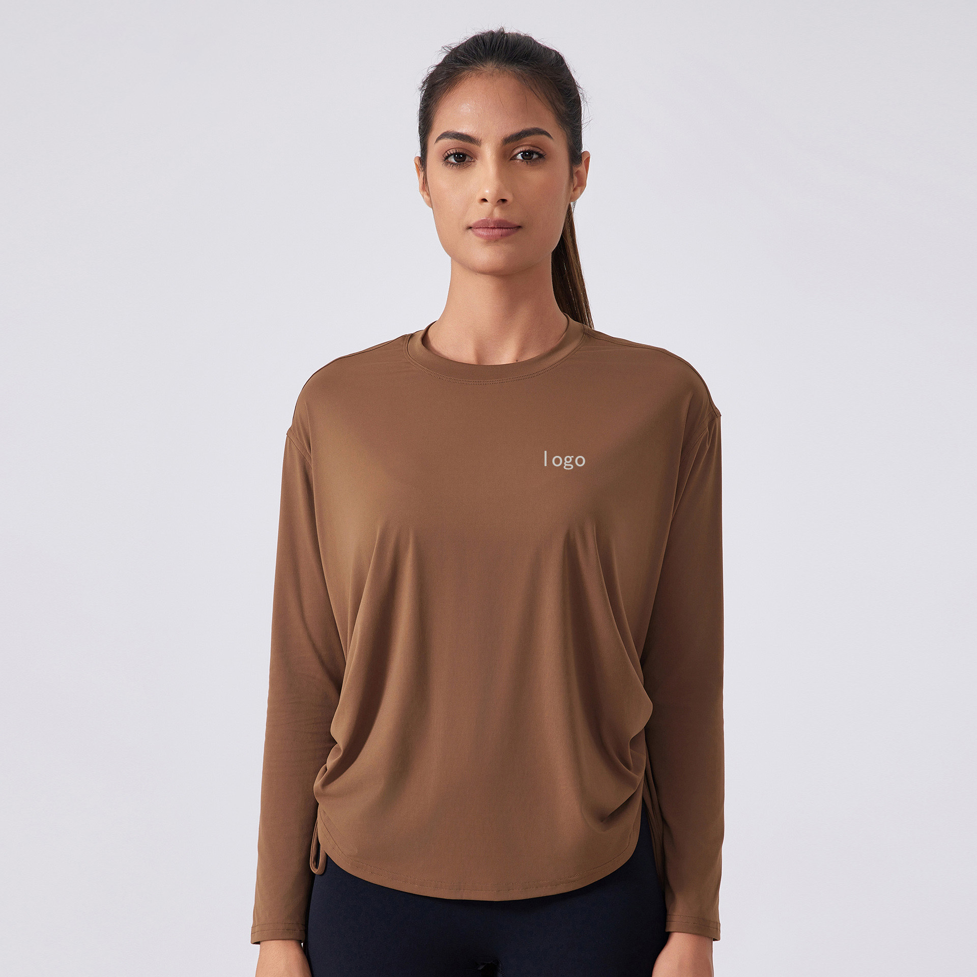 Women's Solid Long-Sleeved Tight Yoga Top Quick-Drying Fitness Apparel Breathable Drawstring Waist Cinching Wholesale Customized