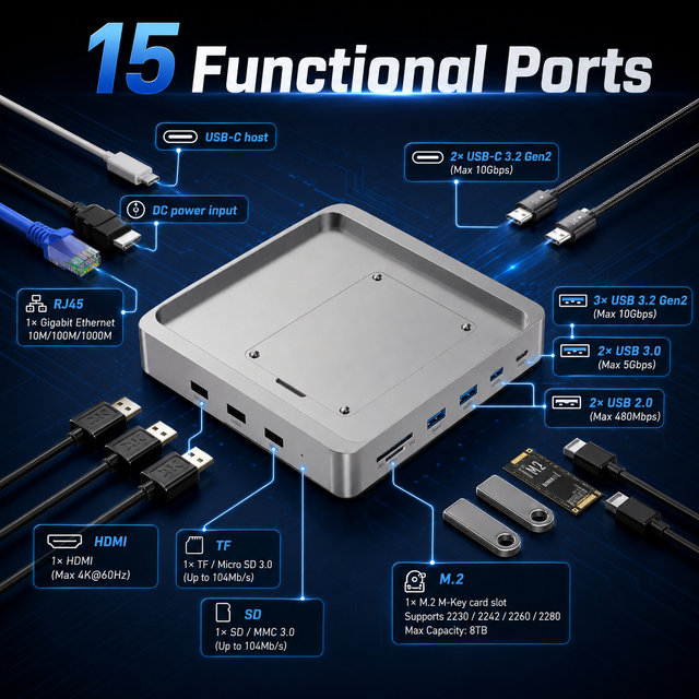 15-in-1 USB C Docking Station with M.2 NVMe SSD Enclosure 4K 60Hz HDMI 10Gbps Type C Hub Gigabit Ethernet 100W PD for Laptop