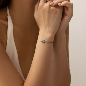 S925 Silver Black Rhodium Plated Chain <b>Bracelet</b> With Blue Crystal BohoStyle Eye Pendant Classic Everyday Wear Unisex - Product Image 4