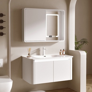 Meuble de salle de bain en bois massif avec lavabo intégré en céramique à arc circulaire, miroir intelligent et finition peinture laquée - Product Image 3