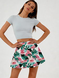 Falda Skater de Cintura Alta con Estampado de Flamencos para Mujer, Minifalda Ligera y Elástica con Diseño de Hojas Tropicales y Patrón Geométrico - Product Image 2