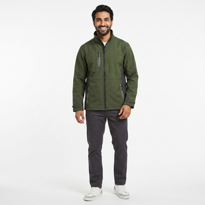 High Strength Green Canvas Outdoor Workwear 3 Layer Windproof Waterproof SoftShell Jacket Stand Collar Front Logo Men - Product Image 1