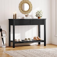 Table console moderne à poignée étroite et sans poignée, noire, à nervures, avec 2 tiroirs, étagère ouverte, table d'entrée, table de canapé