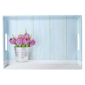 Serving <b>Tray</b> Tulips Light Blue Wood Grain Design Decorative <b>Tray</b> with Handles for Home Decor - Product Image 1