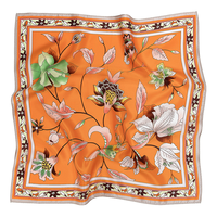 Foulard carré long en satin de soie 100% pour femme, motif floral orange vintage, collection printemps, 90x90cm, pour le cou, la tête, le hijab ou comme châle, vente en gros