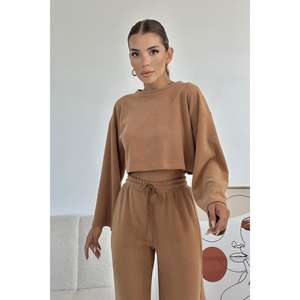 Conjunto de 2 Piezas de Corduroy Camel al por Mayor, Talla XL, Blusa y Pantalones para Otoño, Tops Cortos - Product Image 3