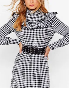 New Early Autumn Style Professional Formal Work Gingham Check Puff Long Sleeve Lace Hem Maxi Dresses