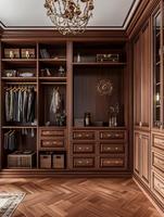 Dressing sur mesure classique américain en bois massif, armoire traditionnelle sculptée avec porte vitrée et éclairage LED pour projets de villas et de manoirs