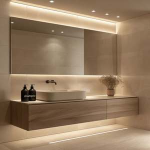 Meuble-lavabo mural en bois pour salle de bain |   Armoire en bois naturel + évier |   Conception éclairée par LED pour les salles de bain de petite taille - Product Image 3