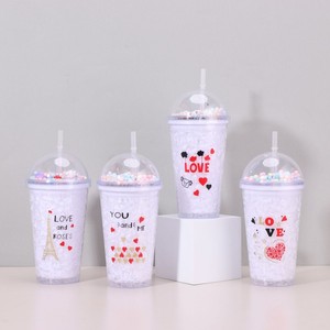 450ml Romantic Love Heart Eiffel Tower Print Double Wall <b>Plastic</b> Tumbler with Straw Dome Lid Pastel Pom Pom Beads Decor for Love - Product Image 6