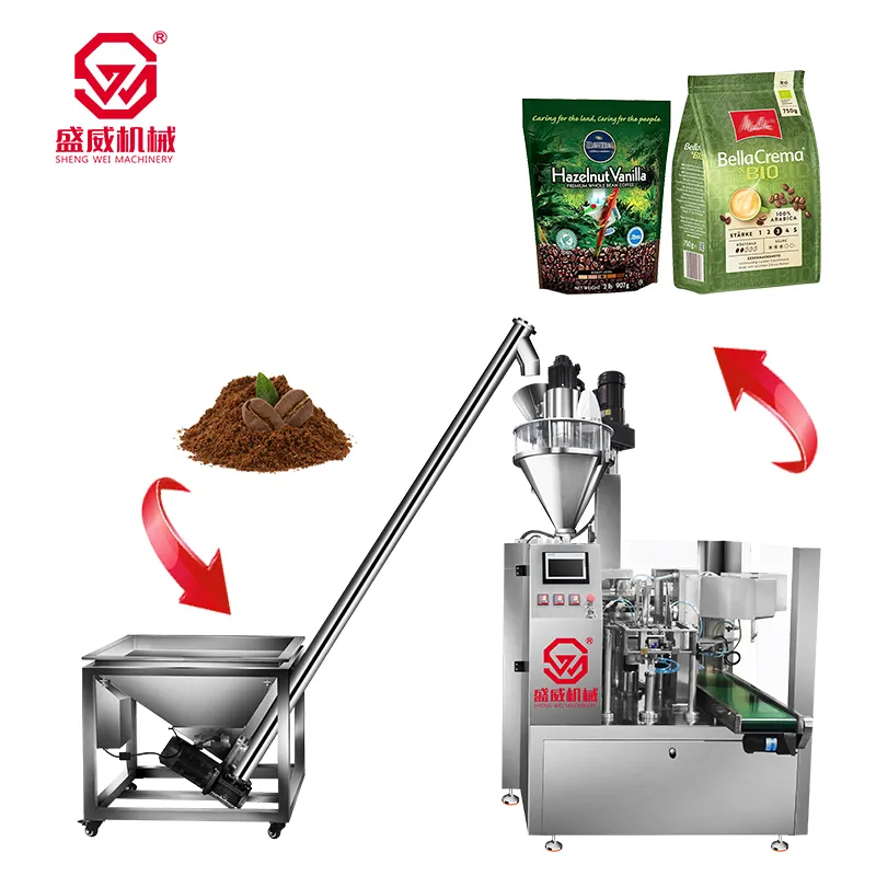 Benutzer definierte automatische Rotary Doypack vorgefertigte Stand Up Reiß verschluss unten Zwickel beutel Kaffee in Schulranzen Pulver Verpackungs maschine