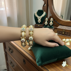 Jewelemarket <b>Gold</b> Plated Pota Stone and Meenakari Openable <b>Bangles</b> <b>Set</b> Green & Pink Fashion Jewelry for Women - Product Image 3