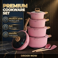 Ensemble de casseroles et poêles en aluminium moulé sous pression rose cannelé de luxe, 15 pièces, revêtement céramique antiadhésif, avec poignées à motif bois