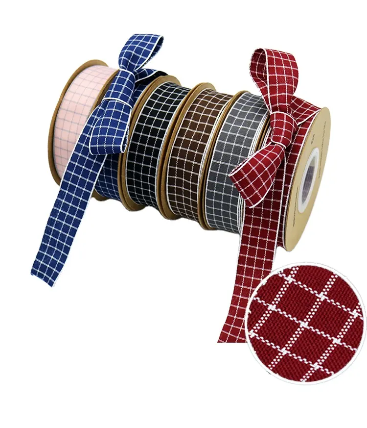 New Polyester 25mm Gingham Checked Plaid Ribbon Factory cheap red tartan check ribbon for Christmas packing